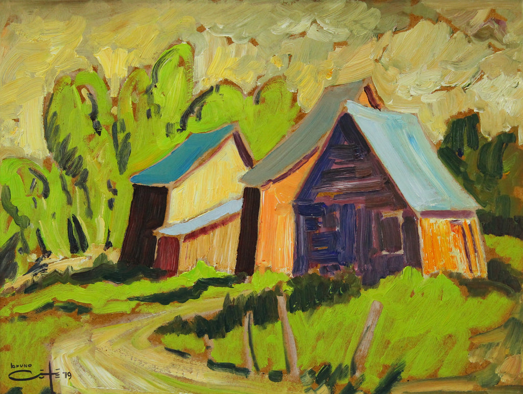 Bruno Coté painting, House and Barn - Oil on Masonite, 12x16