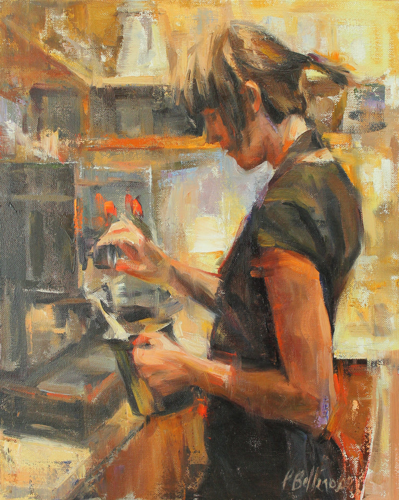 Patricia Bellerose painting depicting a Barista making coffee