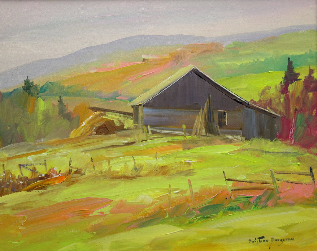 Christian Bergeron painting, Barn in a green field - Oil on canvas, 16x20